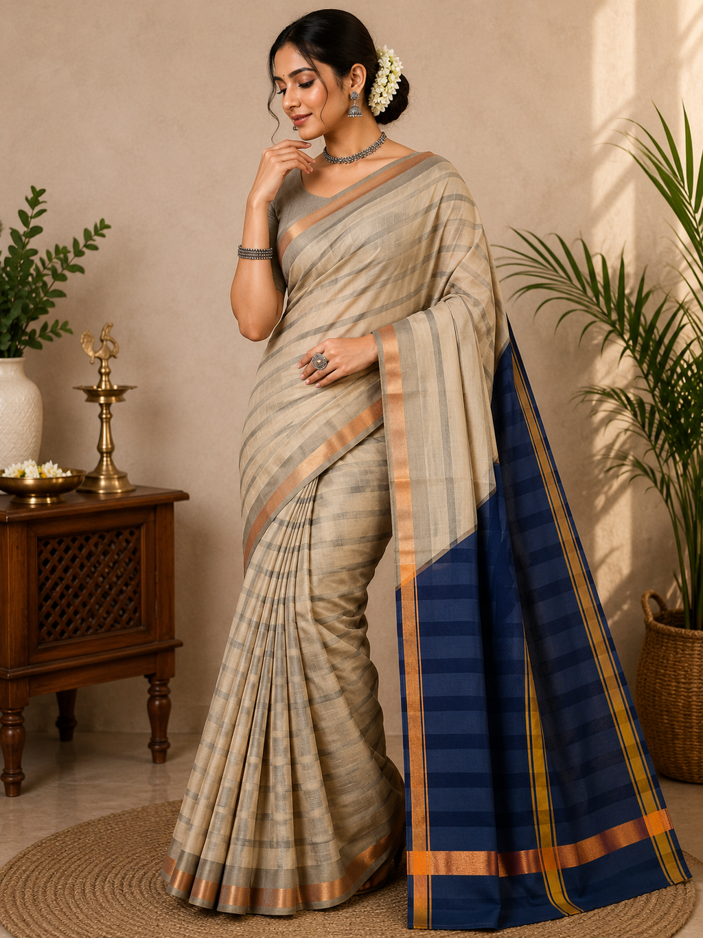 AWCTA Premium Cotton Silk Saree – Beige with Navy Blue Pallu & Copper Zari Border
