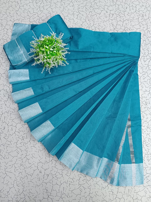 AWCTA Blue Cotton Silk Saree with Silver Border