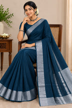AWCTA Premium Cotton Silk Saree – Navy Blue with Silver Zari Border