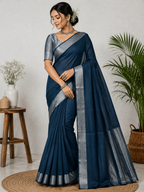 AWCTA Premium Cotton Silk Saree – Navy Blue with Silver Zari Border