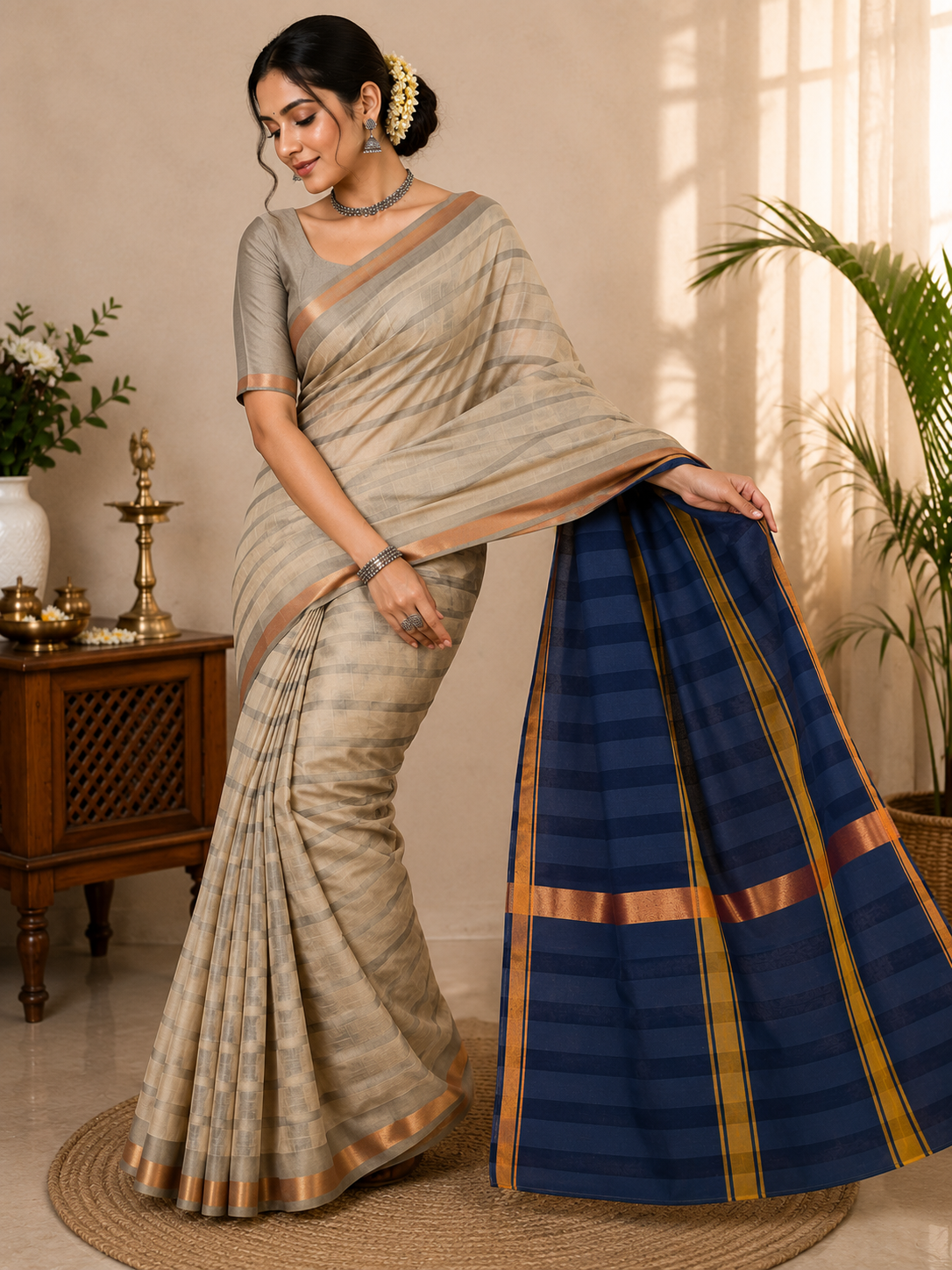 AWCTA Premium Cotton Silk Saree – Beige with Navy Blue Pallu & Copper Zari Border