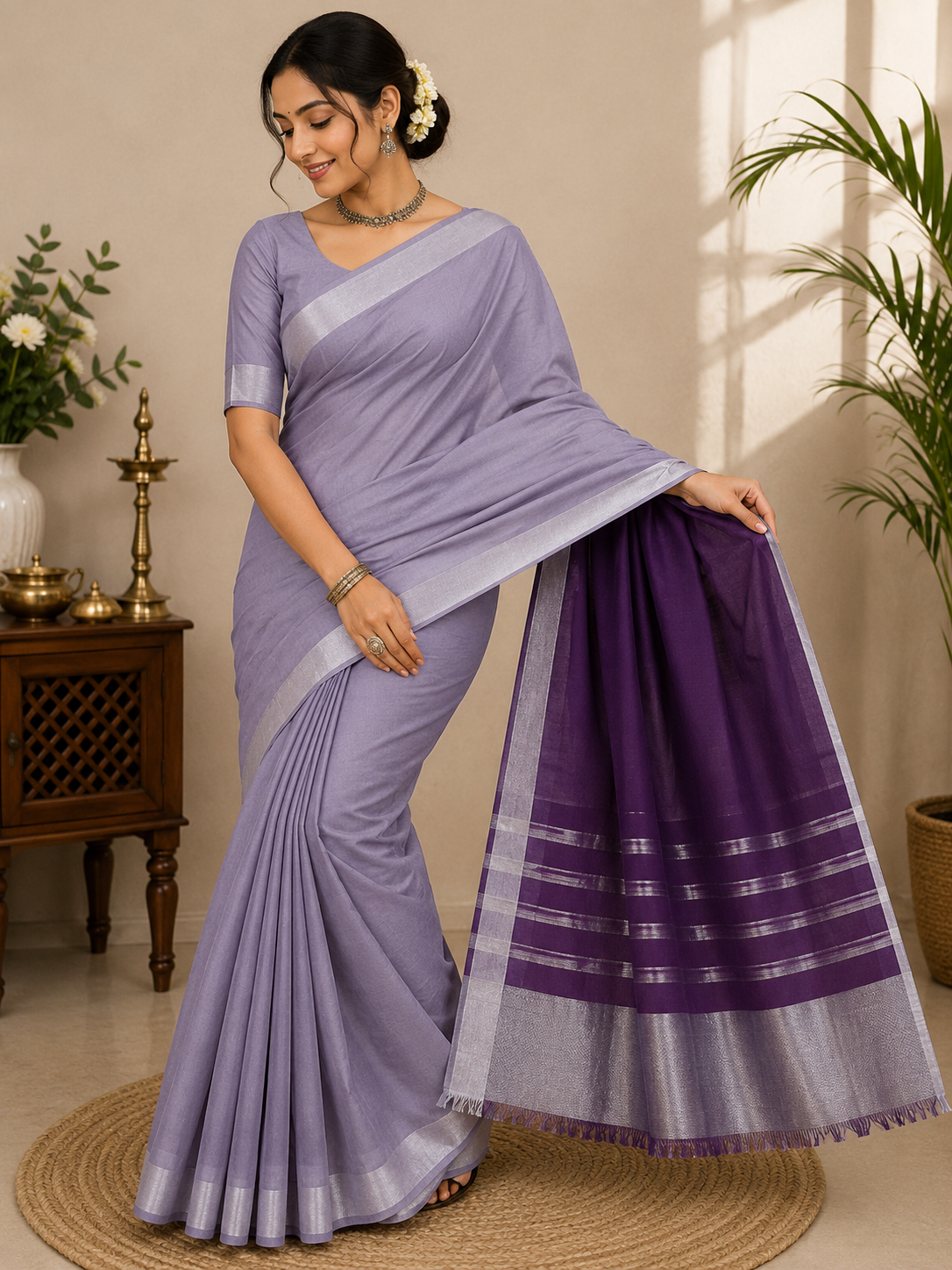 AWCTA Lavender Cotton Silk Saree with Silver Border & Purple Pallu