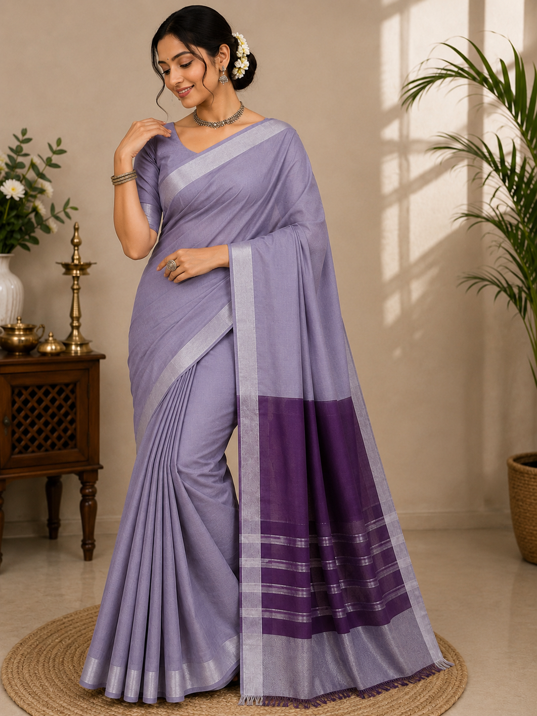 AWCTA Lavender Cotton Silk Saree with Silver Border & Purple Pallu