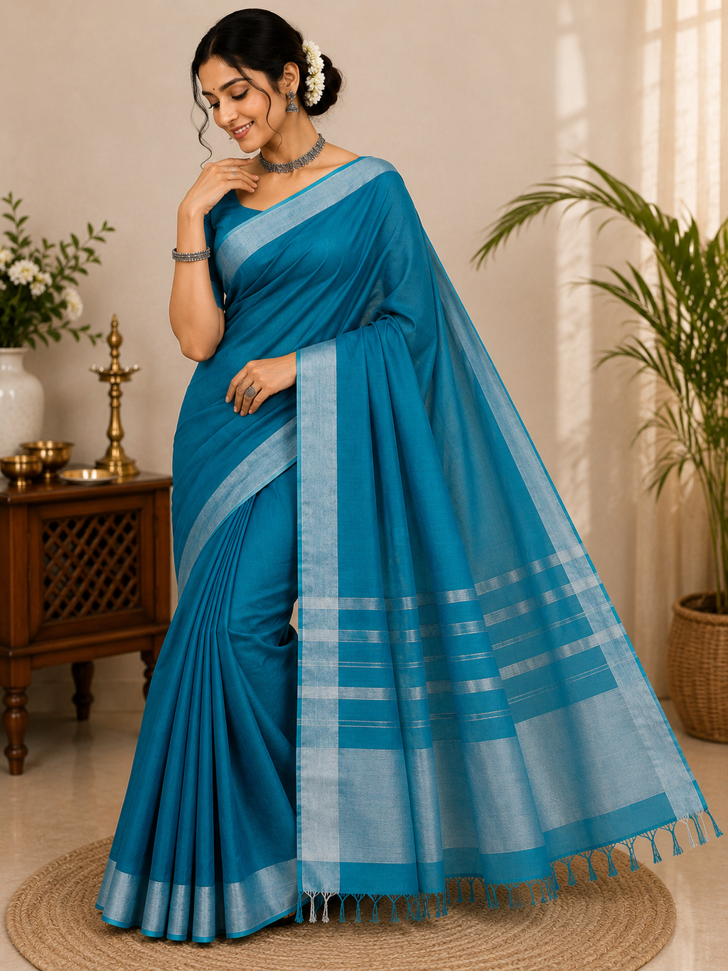 AWCTA Blue Cotton Silk Saree with Silver Border