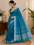 AWCTA Blue Cotton Silk Saree with Silver Border