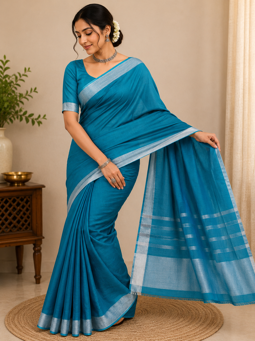 AWCTA Blue Cotton Silk Saree with Silver Border