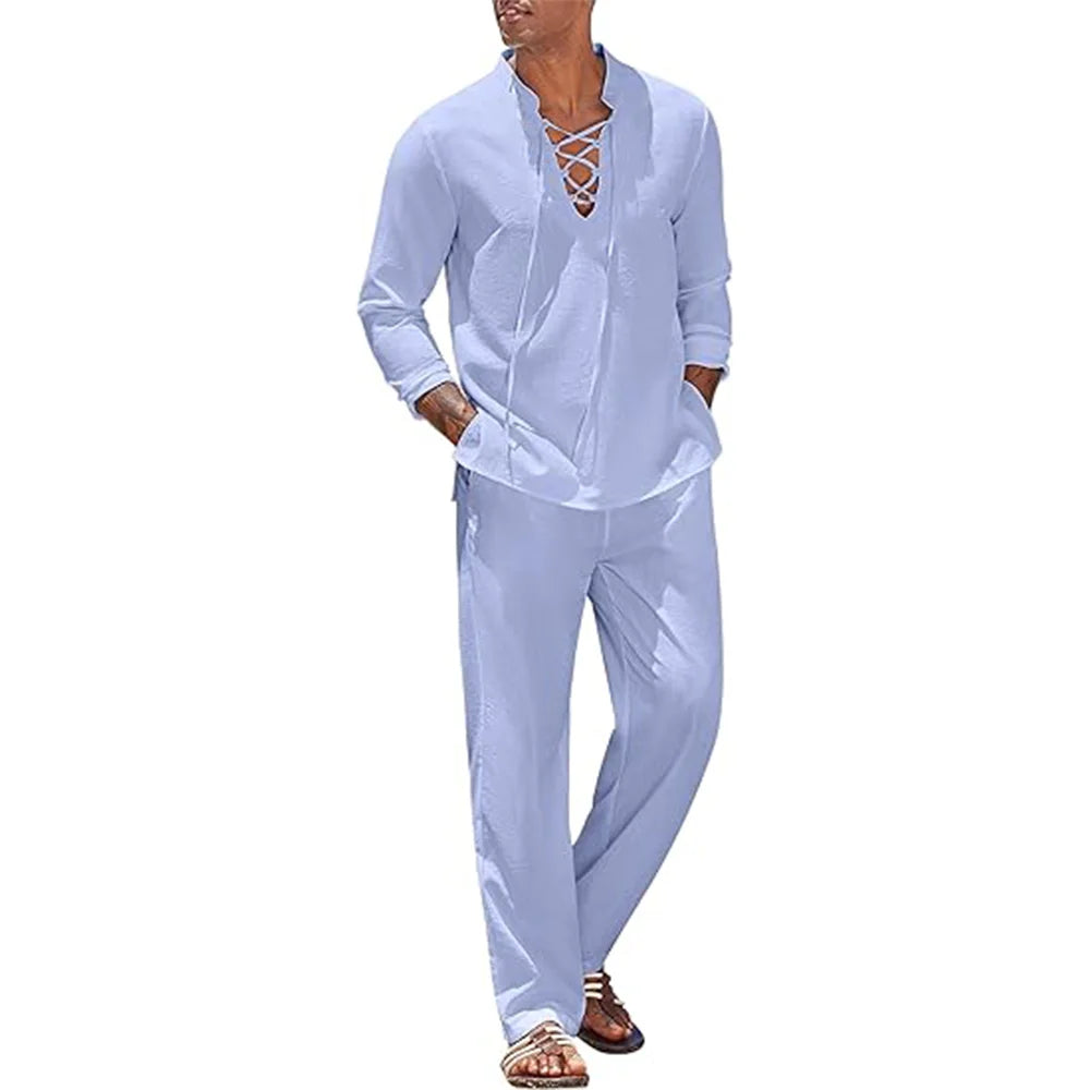 AWCTA Men's Cotton Linen Shirt & Pants Set