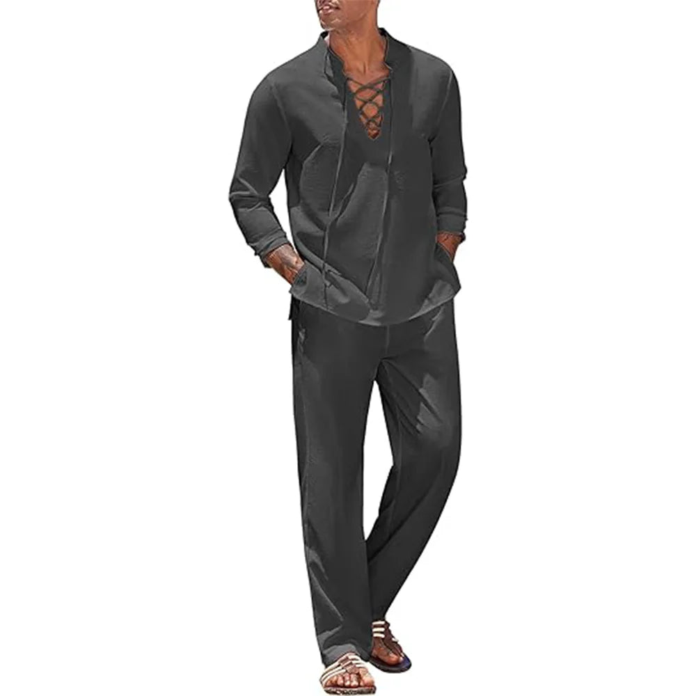 AWCTA Men's Cotton Linen Shirt & Pants Set