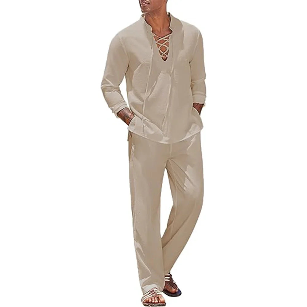AWCTA Men's Cotton Linen Shirt & Pants Set