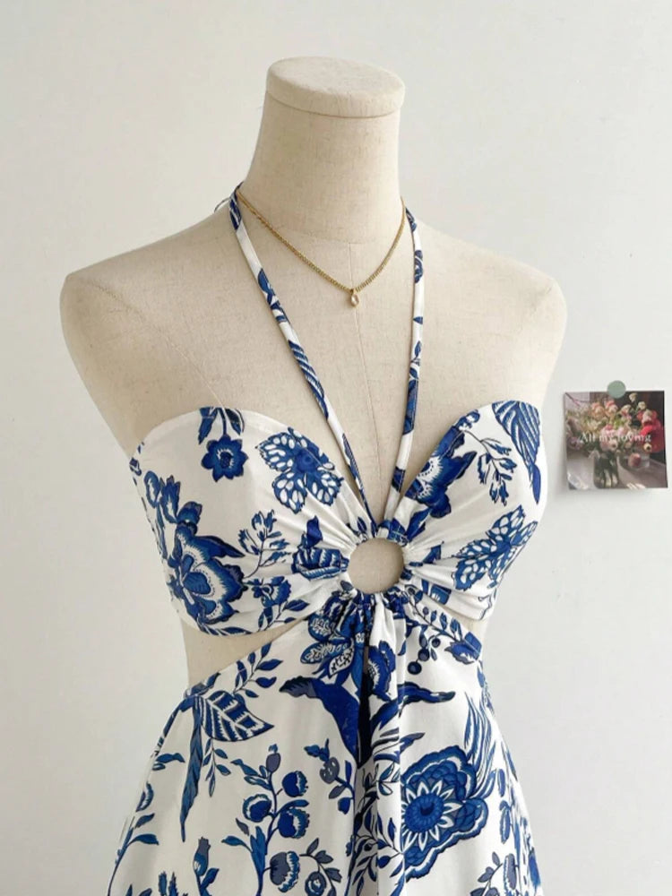 Women's Elegant Halter Neck Dress – Floral Print, Summer Style
