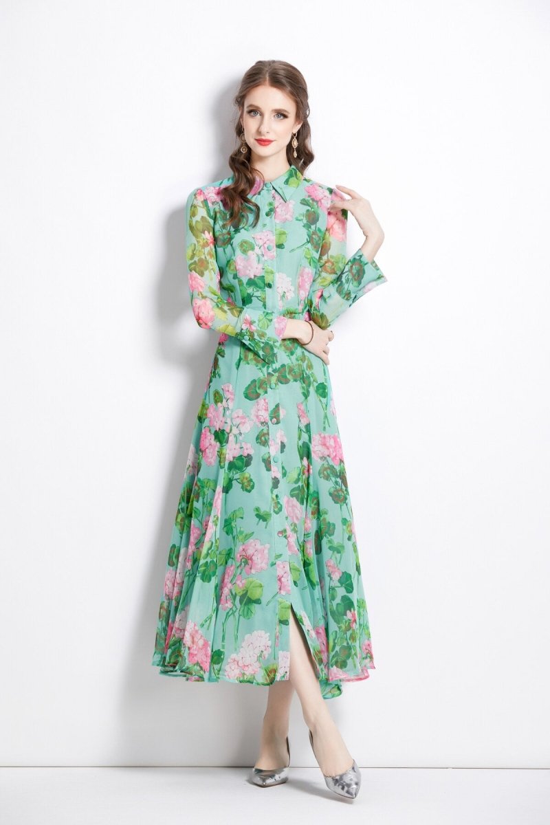 AWCTA floral Green Long Sleeve Waist Cinching Maxi Dress