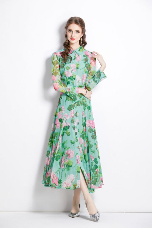 AWCTA floral Green Long Sleeve Waist Cinching Maxi Dress