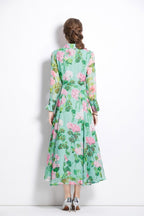 AWCTA floral Green Long Sleeve Waist Cinching Maxi Dress