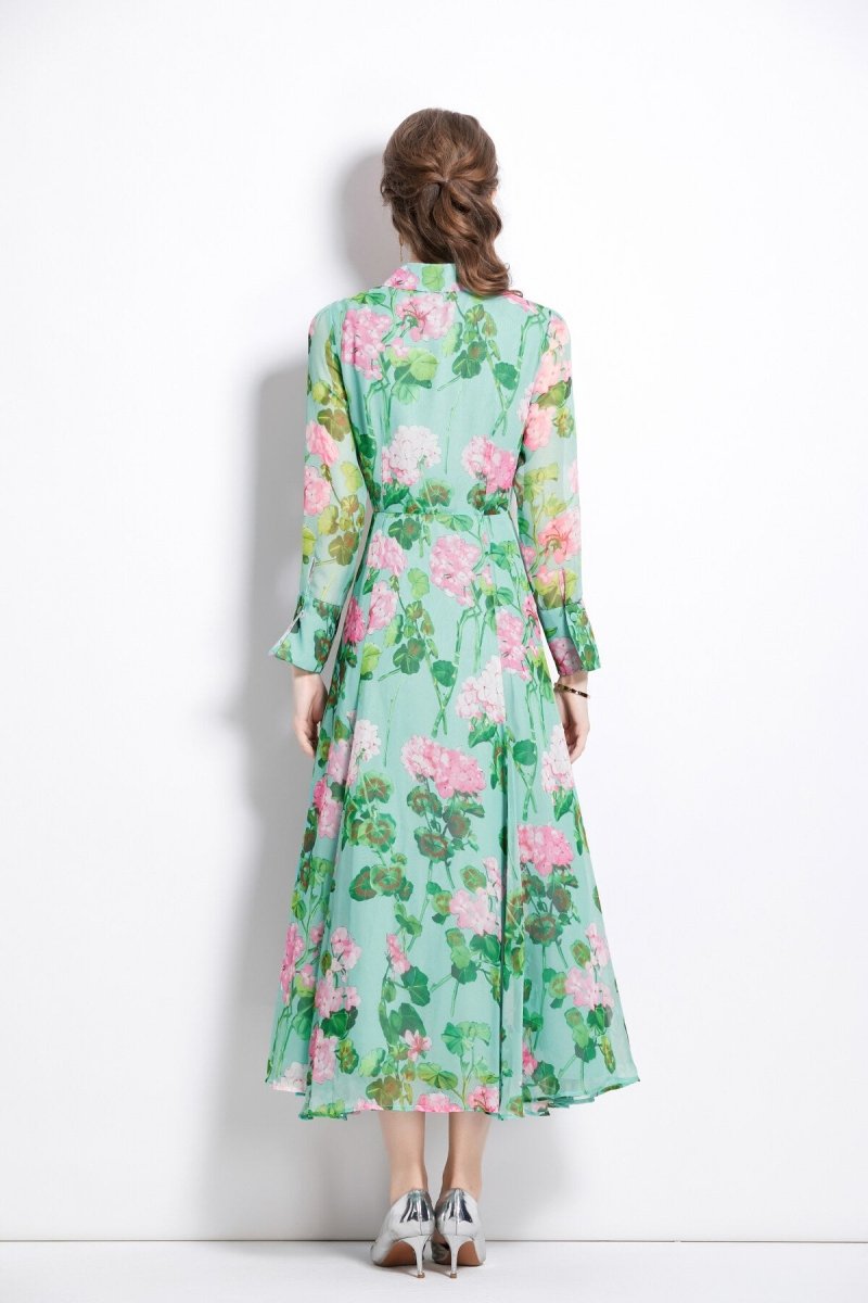 AWCTA floral Green Long Sleeve Waist Cinching Maxi Dress
