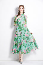 AWCTA floral Green Long Sleeve Waist Cinching Maxi Dress