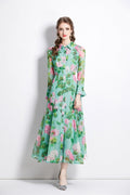 AWCTA floral Green Long Sleeve Waist Cinching Maxi Dress