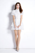 White Embroidered Puff Sleeve French Dress-0