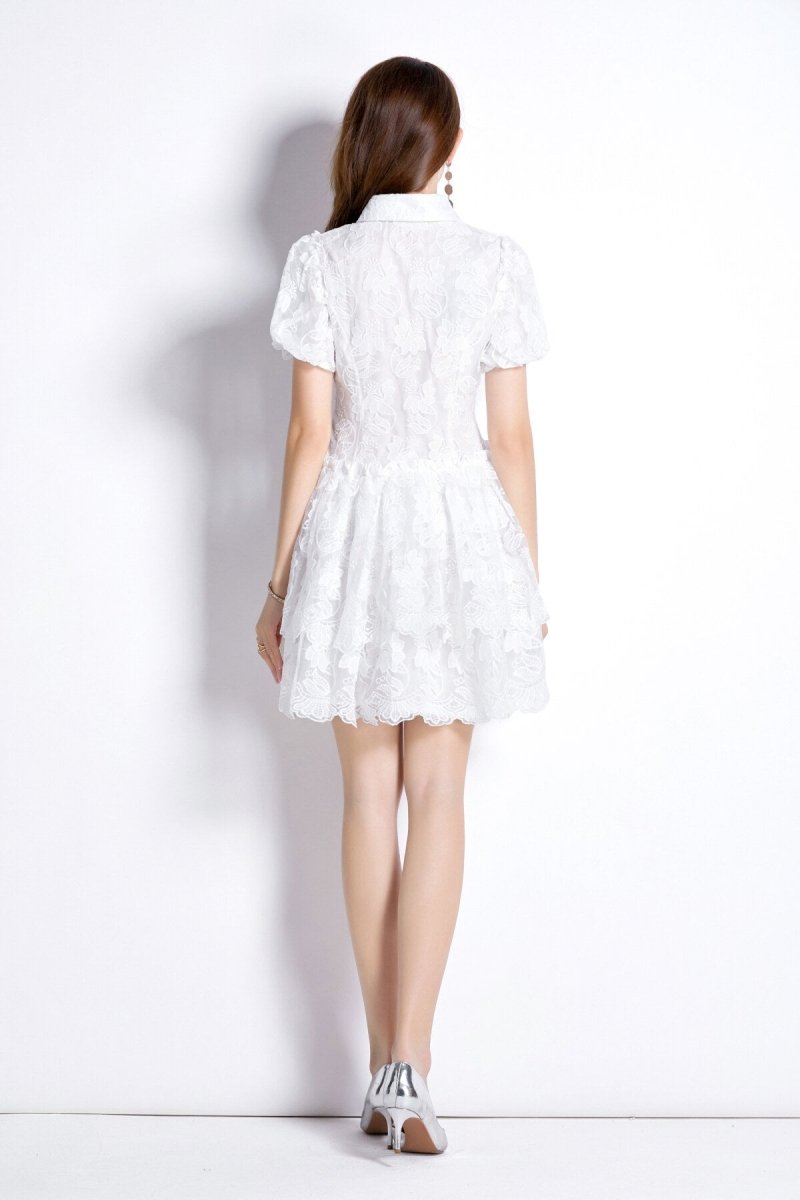 AWCTA White Embroidered Puff Sleeve French Dress
